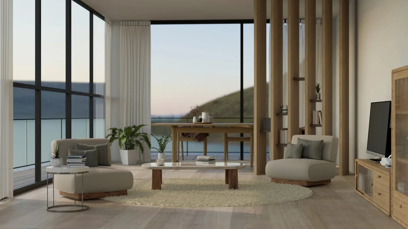 Interior con grandes ventanales y vistas al mar