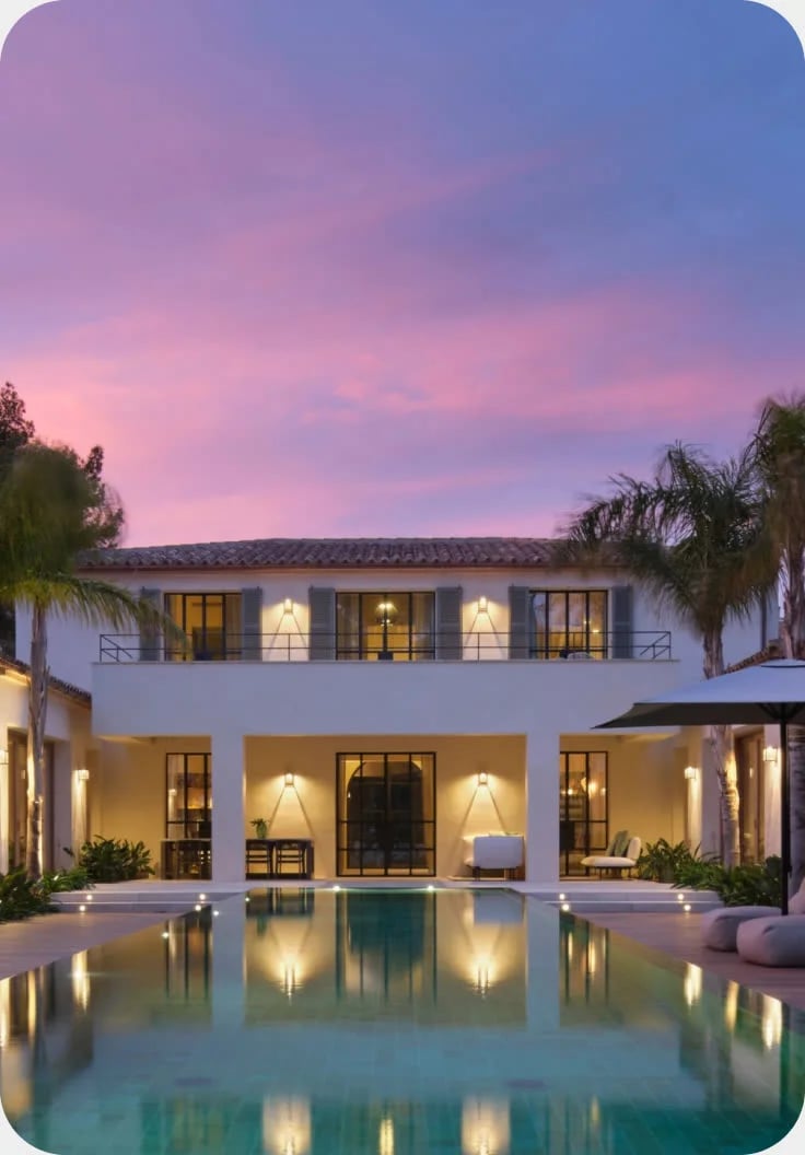 Vivienda de lujo iluminada al anochecer con la piscina en primer plano