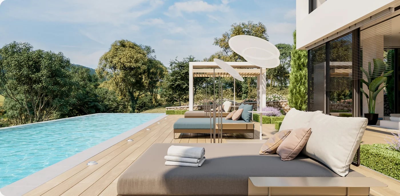 Piscina con tumbonas y sombrilla en un jardín de obra nueva