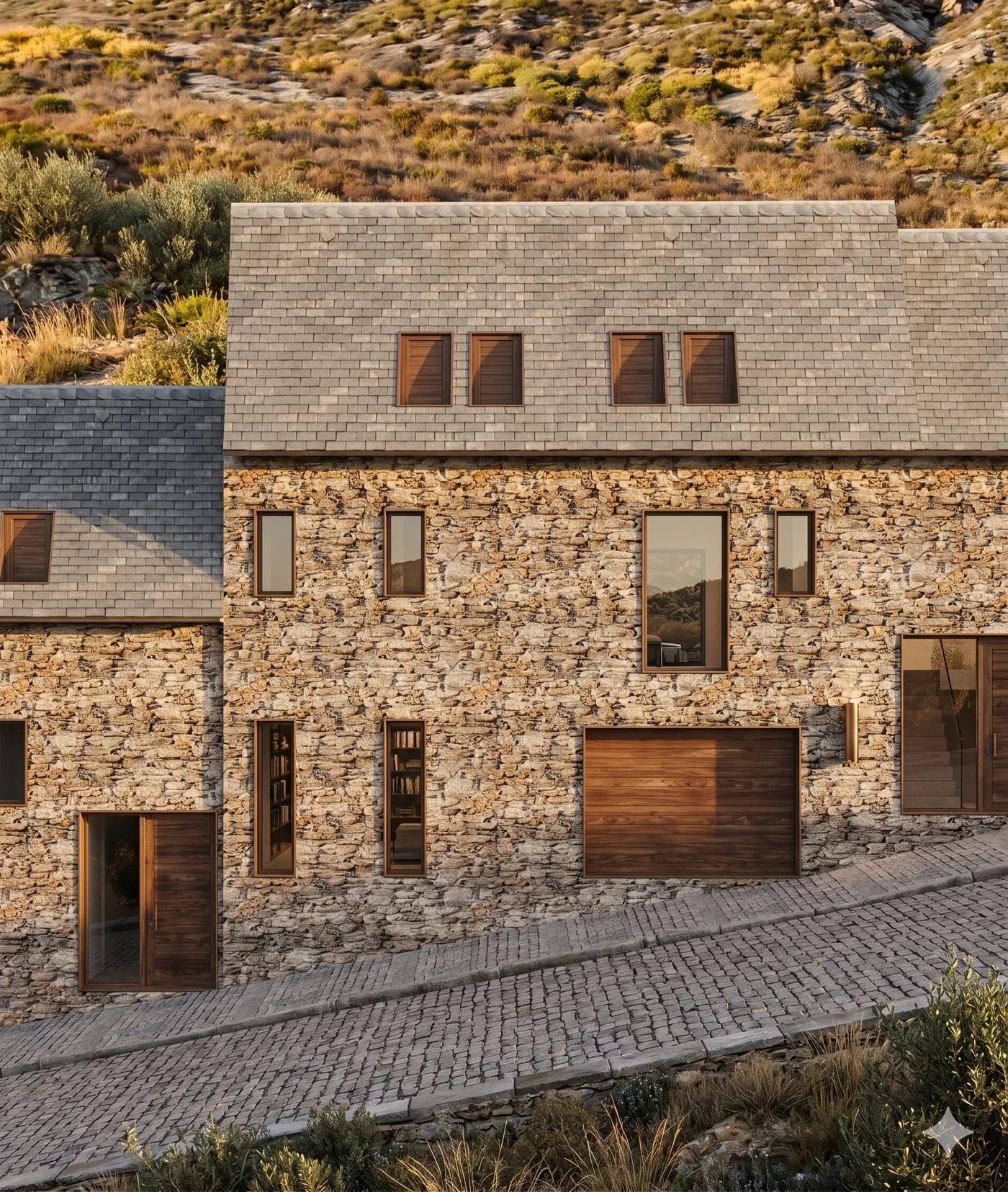 Fachada de piedra de una vivienda de autor